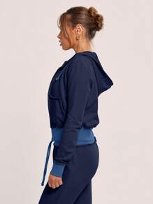 MUSERA Distressed Hem Zip Up Hooded Sweatshirt - Navy Blue - View 2