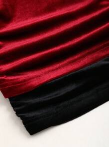 SHEIN Unity European & American Style Women's New Summer Solid Color Velvet Material One Shoulder Ruched Asymmetric Sexy Fitted Blouse - Red and Black - View 5