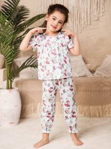 SHEIN Young Girls 2pcs Cute Cartoon Rabbit & Fox Print, Butterfly Decor Round Neck Short Sleeve Top And Long Pants Casual Comfortable Pajama Set, Suitable For Girls Daily Wear, Activities, Festivals And Family Gatherings