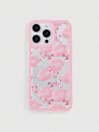 Kawaii Étui de téléphone avec un design de nœud à imprimé de rouge à lèvres compatible avec iPhone
