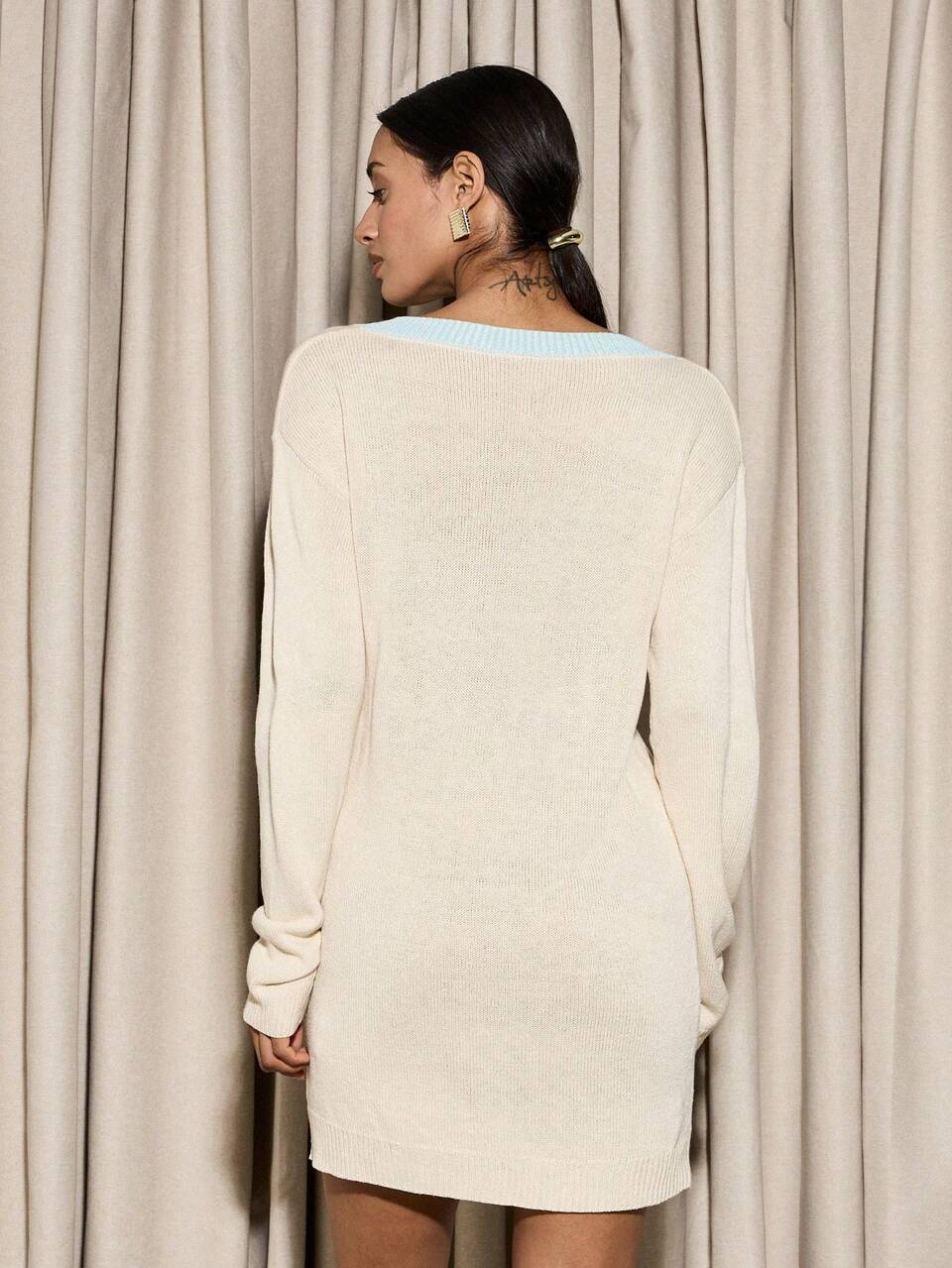 Oversized Cricket V-Neck Knit Sweater Dress