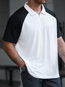 Manfinity CasualCool Plus Size Men's Colorblock Front Zipper Short Sleeve Casual Polo Shirt, For Golf