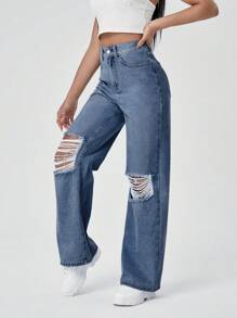 SHEIN EZwear Women Front Button Pocket Distressed Casual Denim Jeans - Dusty Blue - View 4