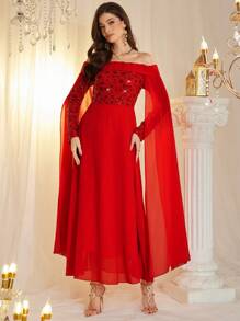 Modelyn Women's Long Off Shoulder Chiffon Embroidered Elegant Ruffle Sleeve Dress, Spring/Summer - Red - View 6