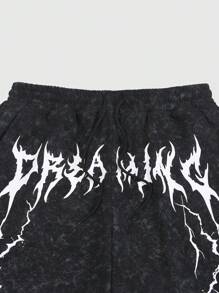ROMWE MEN Goth 男士复古风前系带口袋简约休闲水洗短裤 - 黑色 - 查看 3