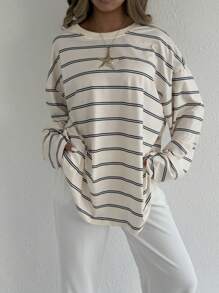 SHEIN EZwear Women's Crew Neck Long Sleeve Striped Simple Casual Blouse For Daily Wear