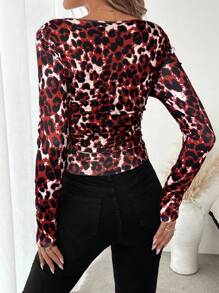 SHEIN LUNE Áo thun tay dài cổ tròn nhún eo họa tiết da báo cổ điển ôm vừa vặn thanh lịch cho nữ, mùa thu/đông - Nhiều màu - Xem 2