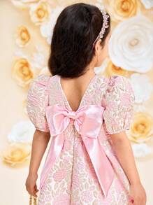 SHEIN Young Girl Jacquard Puff Sleeve Bow Knot Front Dress - Pink - View 2