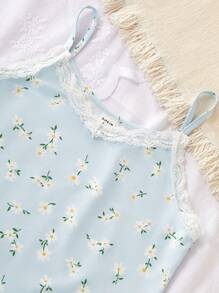 2pcs Tween Girls Ditsy Floral Sleeveless Top & Shorts Sets, Stylish & Lace Patchwork Home Outfit - Multicolor - View 5