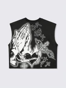 ROMWE MEN Street Life Men's Grunge Distressed Cross Print Crop Fit Tank Top - Black - View 3