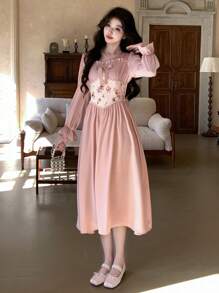 DAZY Women's Patchwork Collar Bowknot Frill Trim Mid-Length Dress,Fall Dress Long Sleeve Dress - Pink - View 4