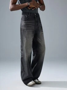 NEON BLANC 男士街头时尚黑色编织宽松长牛仔裤 - 黑色 - 查看 4