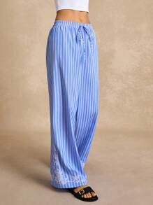 Poéselle Women Casual Striped Floral Embroidered Wide Leg Pants - Blue and White - View 7