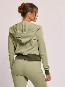 MUSERA Distressed Hem Zip Up Hooded Sweatshirt - Army Green - View 3