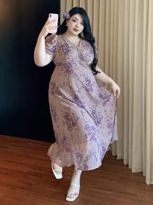 Dazy Plus Plus Size Purple Ditsy Floral V-Neck Puff Sleeve Dress, Soft And Romantic, Holiday & Beach Style, Spring/Summer Sundress