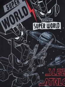 2pcs Teenage Boys' Simple Black Fashion Graphic Print Short Sleeve T-Shirt And Shorts Pajama Set - Black - View 3