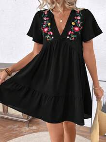 Breezaya Women V-Neck Short Sleeve Pleated Simple Casual Short Embroidered Doll Dress - Black - View 1