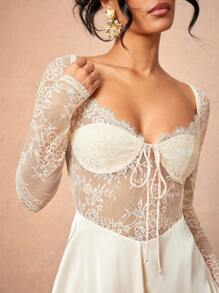 L'Amorae Elegant Women's Sheer White Lace Bustier Long Sleeve Mini Dress,Off-White Autumn Outfit For Date Night,Formal Party,Prom,Wedding & Evening Events - Apricot - View 1