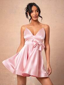 L'Amorae Vestido elegante con escote profundo en pico, vuelo y moño 3D - Rosa - Ver 3