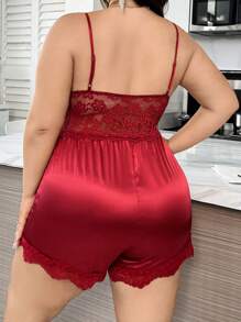 Bộ đồ ngủ liền thân ren chắp vá cỡ lớn thiết kế dây xích giống lụa - Màu Đỏ Sâu - Xem 2