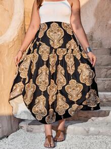 Breezaya Plus Size Women Floral Print Elastic Waist Pleated Asymmetric Fishtail Hem Mid-Length Skirt, Suitable For Vacation