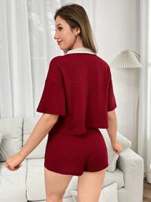 Dream Adore 2pcs Women Two-Piece Color Block Red Collar Loungewear Set