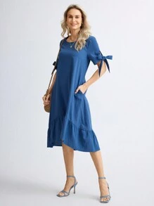 Miaspire Vestido casual sencillo de mujer con cuello redondo, manga corta y plisado en color liso