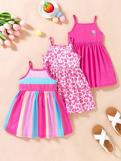 3 件套女婴吊带连衣裙，弹力豹纹条纹无袖连衣裙，适合夏季度假派对。休闲圆领，豹纹，花卉，全印花吊带背心，中等弹力