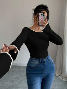 Selianne 1pc Fitted Color Block Trim Long Sleeve Sweater For Women Knit Pullover Fall Winter Outfit - Black - View 1