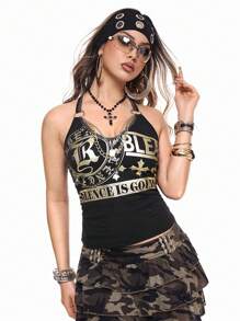 ROMWE Grunge Punk Top à encolure bateaux avec décoration de chaîne métallique et impression de slogan en feuille métallique style Y2K Shibuya Gyaru