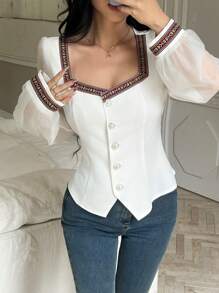 Chiquease Women's Ribbon Trim Chiffon Sleeve Buttoned Square Neck Mid East Ramadan Shirt - White - View 8
