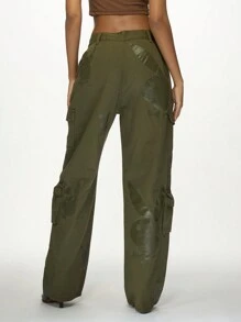 Missguided x Playboy Military Cargo Pants Loose Fit Wide Leg Combat Trousers Streetwear Utility Festival Y2K Fashion Autumn Winter - Green - View 2