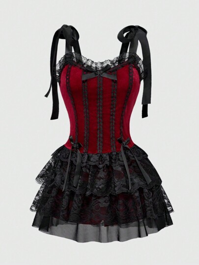 Goth Vestido de tirantes de terciopelo con colgante de cruz y aplicaciones de encaje de estilo retro y contraste de color en estilo palaciego gótico para mujeres