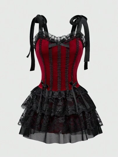 ROMWE Gothic Retro Palace Style Contrast Color Lace Trim Cross Pendant Women Velvet Spaghetti Strap Dress