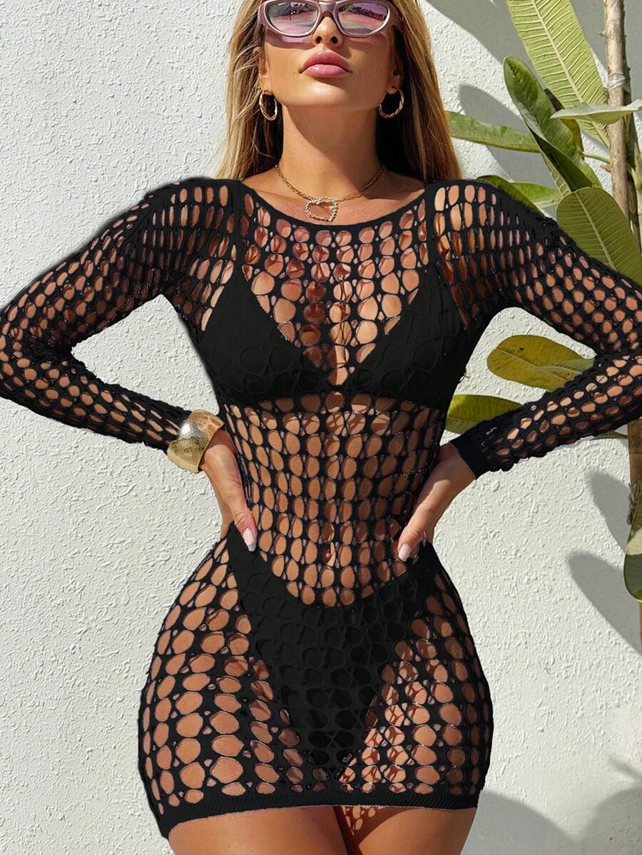 Swim SXY Đầm đi biển cổ tròn tay dài màu đen khoét sâu gợi cảm cho nữ, váy quấn che chắn cho kỳ nghỉ hè - màu đen - Xem 1