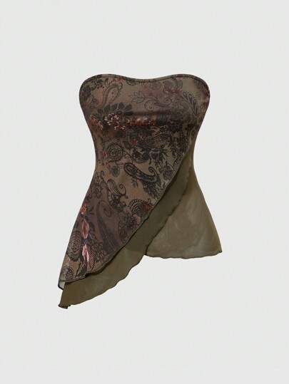 Fairycore Summer Women Casual Paisley Pattern Asymmetric Hem Mesh Panel Camisole Top