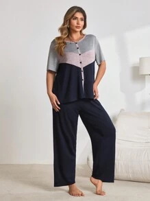 2pcs Contrast Color Knit Top And Pants Pajamas Set, Casual
