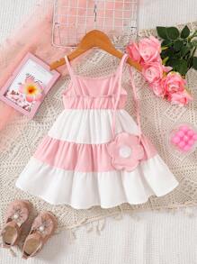 Baby Girl Contrast Color Cute Summer Suspender Dress And Floral Decoration Bag