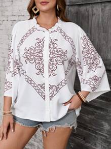 SHEIN VCAY Plus Size White Holiday Autumn Boho Vacation Blouse,Country Retro Print Frill Trim 3/4 Sleeve Button-Up Western Wear,Women's Festival Hippie Cowgirl - White - View 3