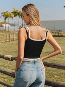 SHEIN LUNE Women Casual Contrast Strap Patchwork Camisole Top, Comfortable For Daily, Sports, Vacation, Elegant Wear - Black and White - View 2