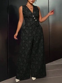 SHEIN Unity Plus Size Front Button Sleeveless Minimalist Top And Long Pants Suit Set Graduation,Back To School,Teacher Outfits For Women - Black - View 3