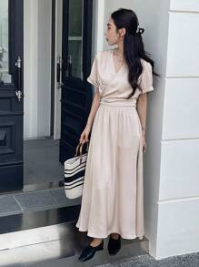 DAZY 2件套女士纯色短袖衬衫和裙子套装