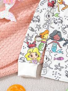 SHEIN Young Girls Cute Mermaid Print Luminous Long Sleeve & Leggings Snug Fit Pajama Set - Multicolor - View 7