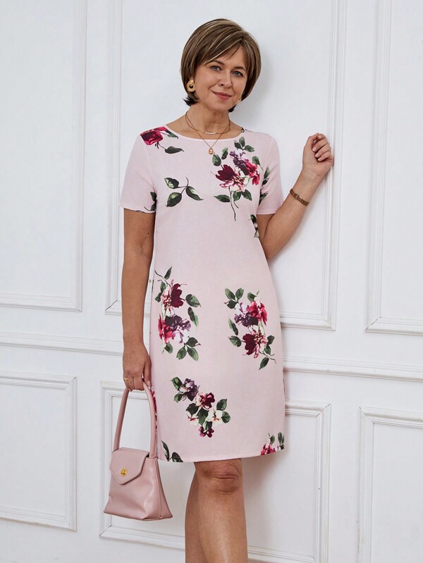 Miaspire Vestido corto casual de mujer con cuello redondo, manga corta y estampado floral all-over