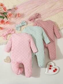 6pcs Newborn Baby Boys/Girls Cute Polka Dot Bow Decor Ruffled Zip Up Long Sleeve Jumpsuit With Pants Pajamas Set