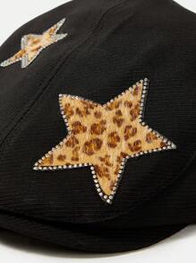 SHEIN ICON Rhinestone Star & Leopard Print Beret Hat, Casual For Everyday Wear - Black - View 3