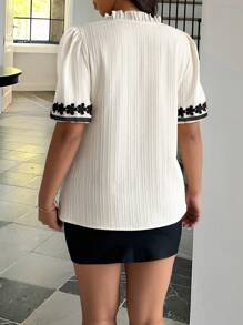 Calvaya Plus Size Summer Colorblock Ruffled Short Sleeve Casual Blouse - Apricot - View 2