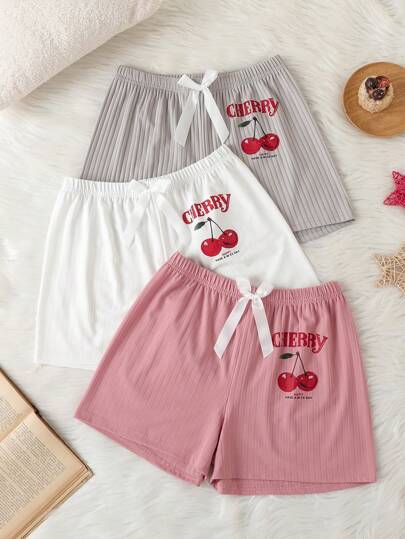 3pcs Women's Casual Cherry Print Shorts With Bow Decor, Daily Loungewear
