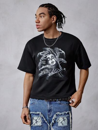 Street Life Men's Loose Cropped Graphic Embroidery Patch T-Shirt