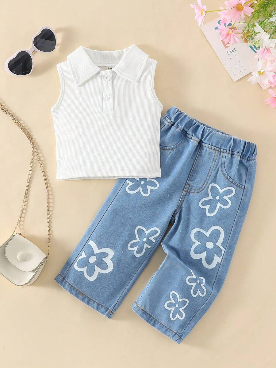 Conjunto de top de tirantes con cuello y pantalones con estampado floral para bebé niña - Blanco - Ver 1